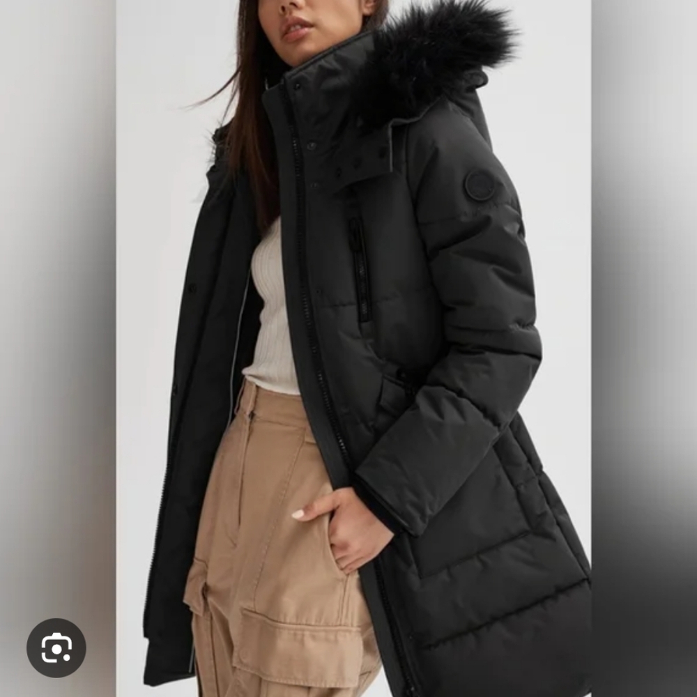Women's Black Puffer Jacket with Faux Fur Hood
